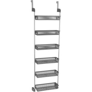 Household Essentials Over the Door Storage Rack, 6 Basket Door Organizer, Great for Use in Pantry as Spice Rack, Gray(Grey)