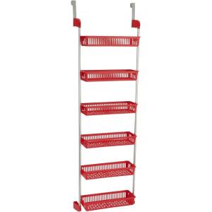 Household Essentials Over the Door Storage Rack, 6 Basket Door Organizer, Great for Use in Pantry as Spice Rack, Gray(Red)